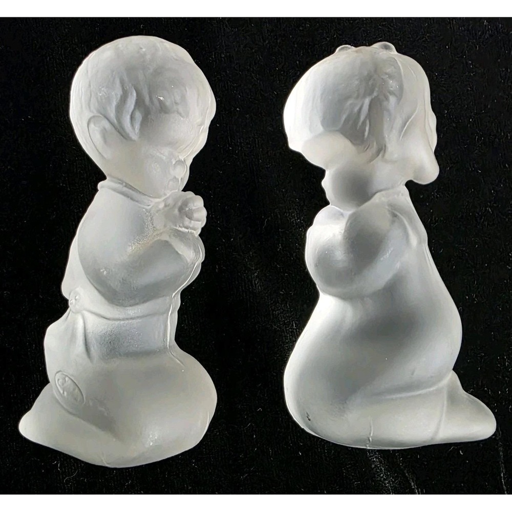 Fenton Art Glass Clear Satin Frosted Praying Boy & Girl Figurines‎ Set EXCELLENT